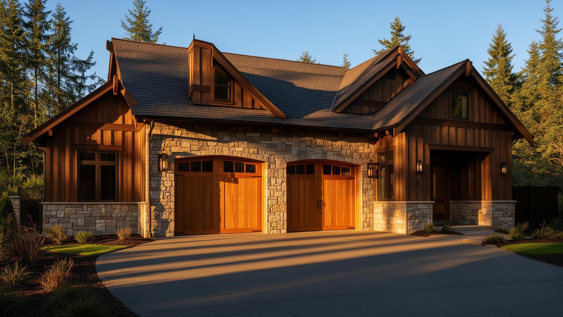 Professional Tuscan inspired garage doors with stone surround - Garland Garage Doors installation
